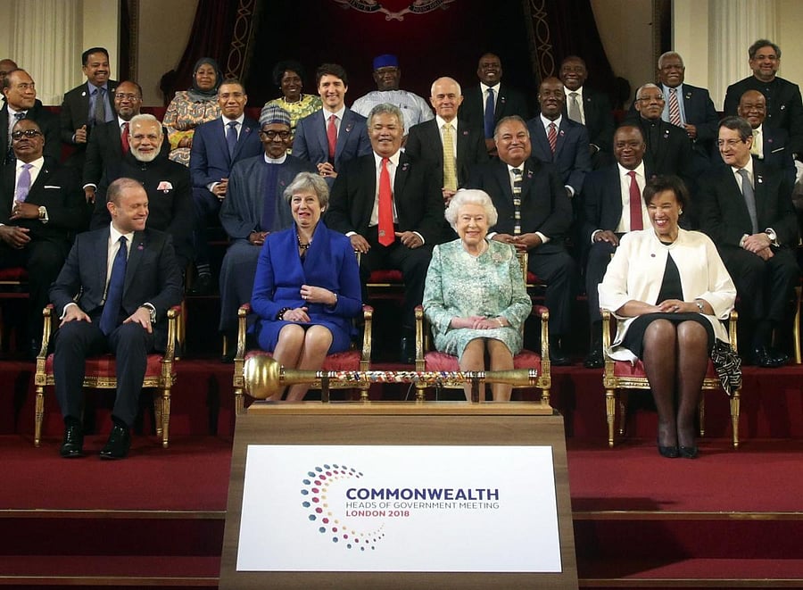 Commonwealth leaders pose for a group photograph with Britain's Queen Elizabeth II, front center right, during the formal opening of the Commonwealth Heads of Government Meeting in the ballroom at Buckingham Palace in London, Thursday April 19, 2018. AP/PTI