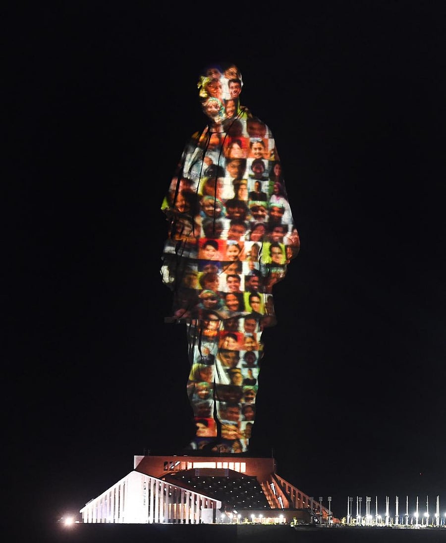 A view of Statue of Unity during a laser show, in Kevadia colony of Narmada district, Wednesday, Oct 31, 2018. Prime Minister Narendra Modi today inaugurated the 182-metre statue of Sardar Vallabhbhai Patel on his 143rd birth anniversary. (PTI Photo/Santosh Hirlekar) 