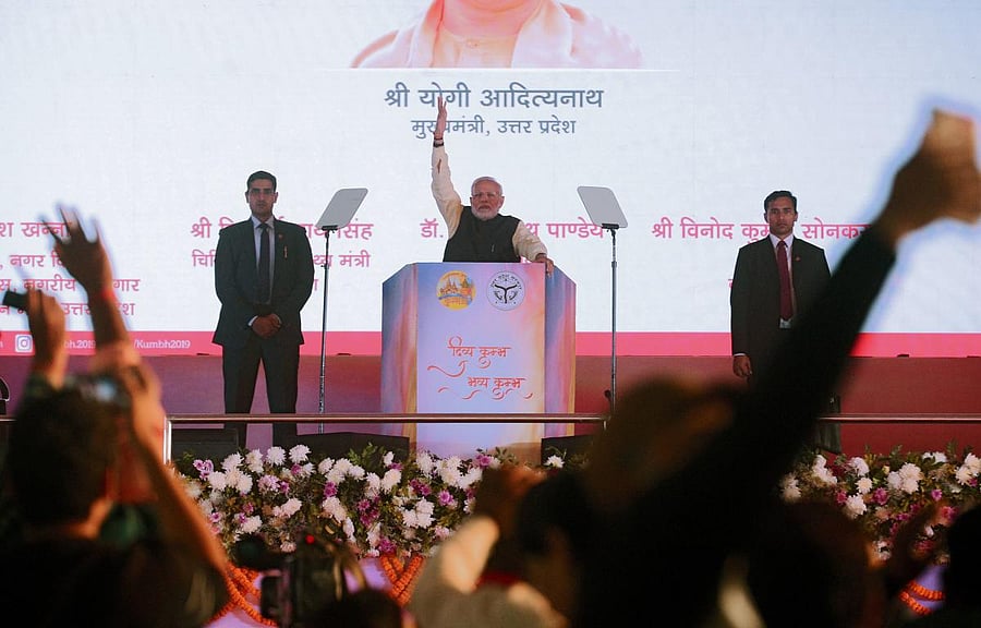 Indian Prime Minister Narendra Modi gestures during a public rally in the village of Andawa on the outskirts of Allahabad in the Indian state of Uttar Pradesh on December 16, 2018. (AFP)