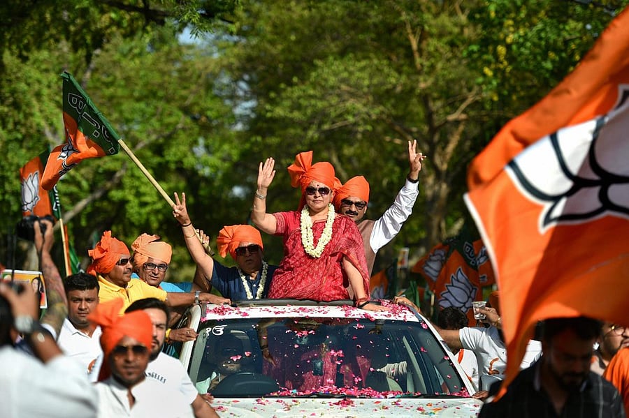 BJP MP Meenakshi Lekhi during a road show after winning the Lok Sabha elections from New Delhi seat, in New Delhi. PTI Photo