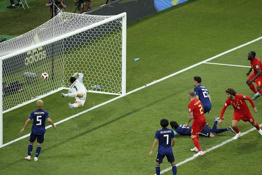 Belgium's Marouane Fellaini, second from right, scores his second side goal during the round of 16 match between Belgium and Japan at the 2018 soccer World Cup in the Rostov Arena, in Rostov-on-Don, Russia, Monday, July 2, 2018. AP/PTI Photo