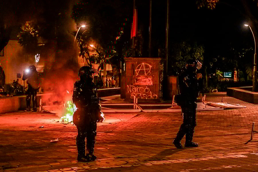 At least 10 people were killed and hundreds wounded after rioting broke out in the Colombian capital Bogota during a protest to demand justice for victims of police brutality, after the recent death of Javier Ordonez while in custody. Credit: AFP