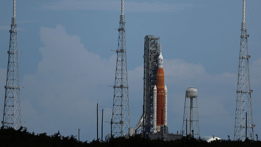 The Artemis I rocket sits on launch pad 39-B at Kennedy Space Center as it is prepared for launch of an unmanned flight around the moon, scheduled for Monday, August 29, 2022. Credit: AFP Photo