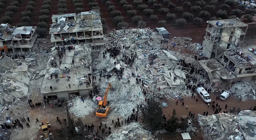 Damaged buildings and rescue operations are seen in the aftermath of the earthquake, in Aleppo, Syria February 7, 2023, in this screen grab taken from a social media video. Credit: White Helmets/Handout via REUTERS