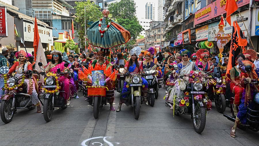 Gudi Padwa 2023: Women bikers in Nauvari saris take out a rally.