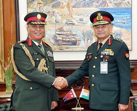 Chief of the Army Staff (COAS) of the Nepali Army General Ashok Raj Sigdel meeting Gen Upendra Dwivedi in New Delhi 