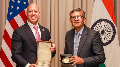 Alt="Defence Secretary Rajesh Kumar Singh and Brian Mast, Chairman of the House, Foreign Affairs Committee"