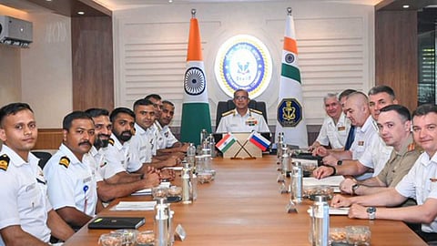 Alt="Six-member Russian Navy delegation, led by Captain Sergei V Saitov, during interaction with officials of Southern Naval Command"