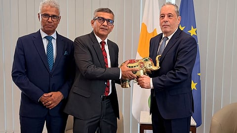 Alt="Defence Secretary Rajesh Kumar Singh with Vasilis Palmas, Defence Minister, Republic of Cyprus"