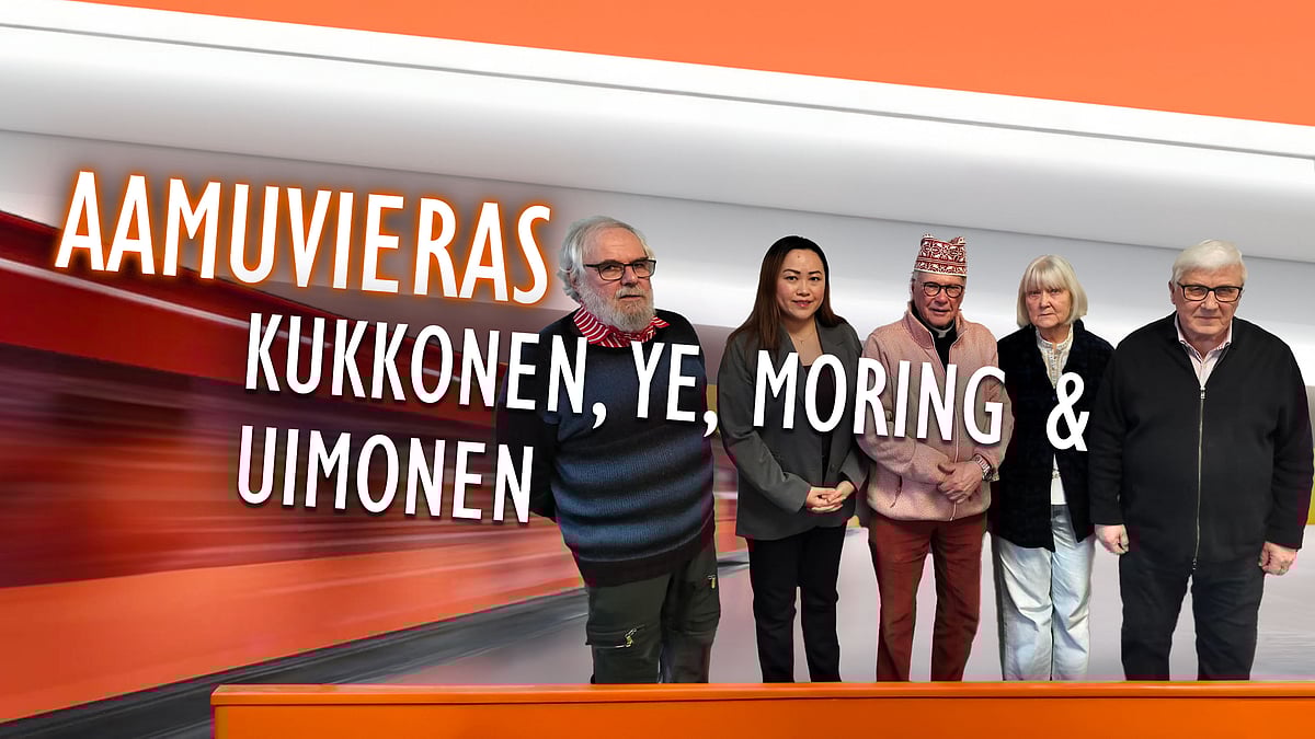 Aamuvieras-podcastissa Jorma Kukkonen, Jenni Ye, Kirsikka Moring, Risto Uimonen ja Veli-Matti Hynninen.