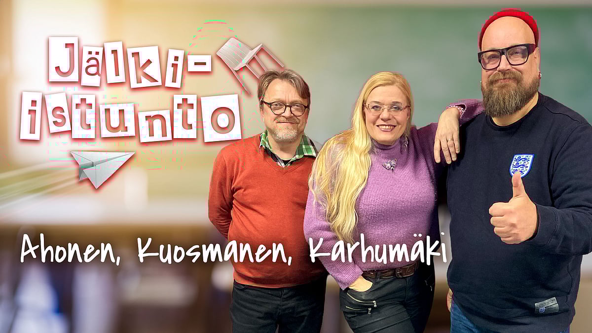 Jälki-istunto-podcastissa Jan Ahonen, Tomi Kuosmanen ja Heli Karhumäki.
