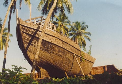 A traditional teak boat built at  Beypore, an ancient seaside town in Kerala known for hand-made wooden boats (uru).