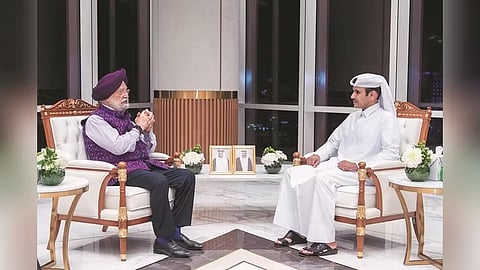 Petroleum Minister Hardeep Singh Puri  with Qatar Energy Minister  Saad Sherida Al-Kaabi in Doha.
