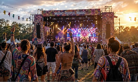 Festivalgoers enjoying a live performance at an outdoor music festival.