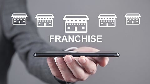 Image with Franchise written in it as well as showing multiple elements representing multiple shops to signify franchise