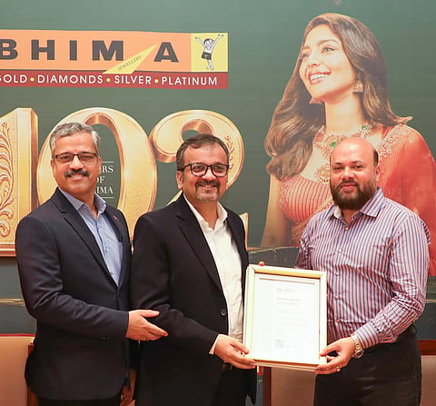Suhas MS, managing director, Bhima Jewellery (right), receives the IAGES certificate of Accreditation from Kaushalendra Sinha, CEO, IAGES.
 