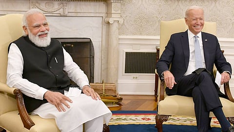 Indian Prime Minister Narendra Modi in a bilateral meeting with the US President Joe Biden, at White House, in Washington. Image: PIB