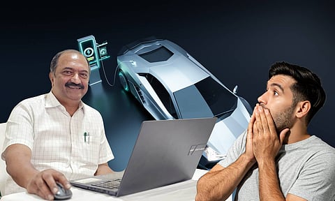 Finance minister KN Balagopal and A man in shock electric car background