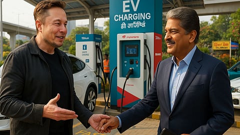 Elon musk And Anand Mahindra Meeting in a ev charging station, ai generated image