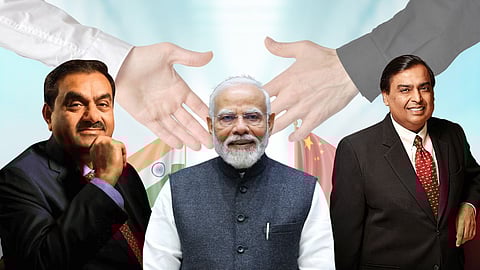 Indian Prime Minister standing between two business leaders, with India and China flags in the background, and a handshake symbolising business and diplomatic relations.