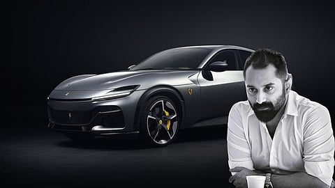 Actor Fahadh Faasil edited alongside a luxury Ferrari car on a dark background, symbolizing celebrity lifestyle and premium automobiles