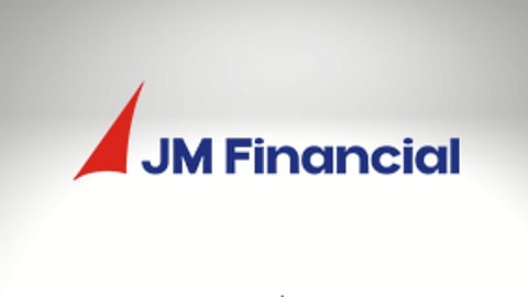 JM Financial logo featuring a red upward-pointing sail symbol and the company name in bold blue letters on a light grey background.