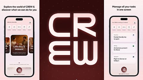 An image showcasing the CREW app interface on a smartphone, with sections for vacation planning, transport booking, gifting ideas, and task management, emphasizing a user-friendly platform for managing personal tasks and events
