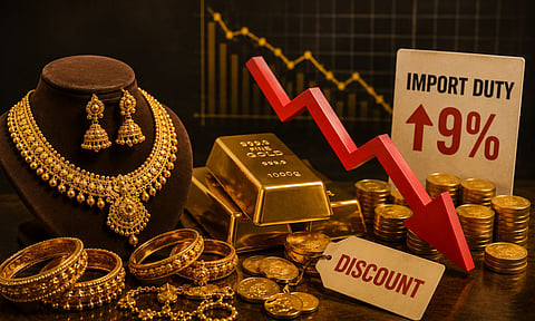 A dramatic gold market-themed illustration featuring ornate gold jewellery, bangles, coins, and gold bars arranged on a dark surface