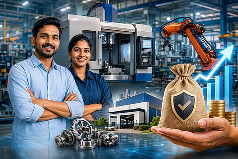 A modern industrial manufacturing facility featuring advanced CNC machinery and a robotic arm inside a large factory. In the foreground, two smiling Indian entrepreneurs or factory owners stand confidently with folded arms.