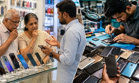 A wide, realistic split-scene inside a mobile phone retail and repair shop. On the left, an elderly Indian couple stands at a smartphone display counter, carefully comparing phones while a salesperson explains options.