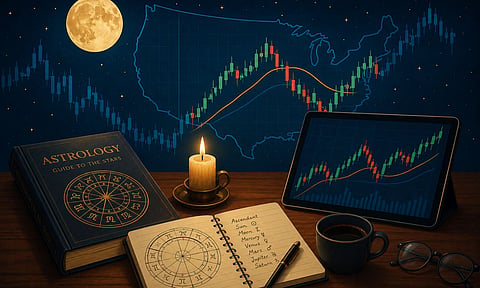A cinematic digital illustration of astrology and stock market analysis under a starry night sky.
