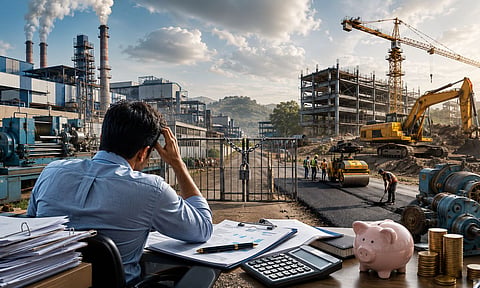 A wide, cinematic view of an industrial zone showing a businessman seated at a desk reviewing paperwork while looking toward a locked industrial entrance.