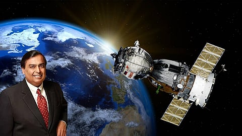 mukesh ambani on the background of satelite