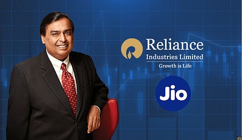 Mukesh Amabi, logos of Reliance industries & Jio