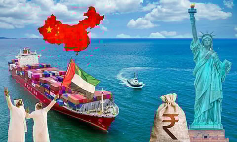 Trade Ship, Indian Rupee Sack, UAE Flag, Statue of liberty