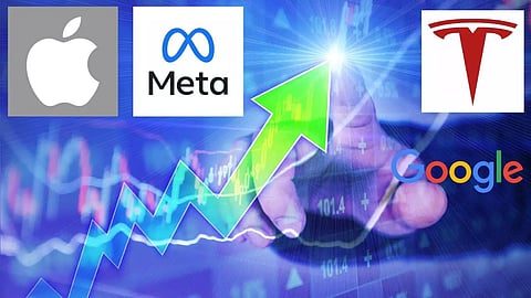 Stock Market graph Appal, Meta, Google, Tesla logo