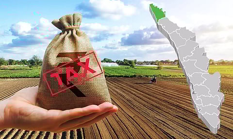 Rupee sack in hand, Kerala map, Tax