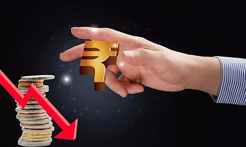 Rupee Symbol in Hand, Rupee coin down  graph