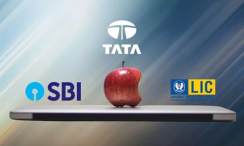 SBI, LIC, TATA logos, Apple, Apple laptop