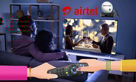 people watching tv two hands with tv remote airtel and tata play logo