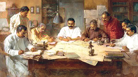 Illustration of Indian History Scholars at Work