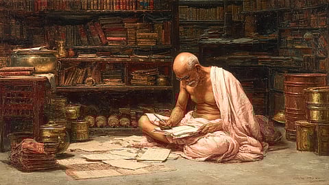Illustration of an Indian History Scholar busy in Research 