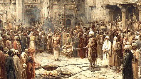 An Old Brahmin who defied Firuz Shah is bound in chains