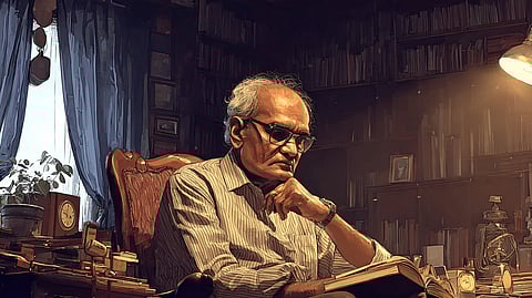 Illustration of S.L. Bhyrappa Immersed in Study