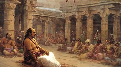 Illustration of the Telugu Poet Srinatha engaged in a debate