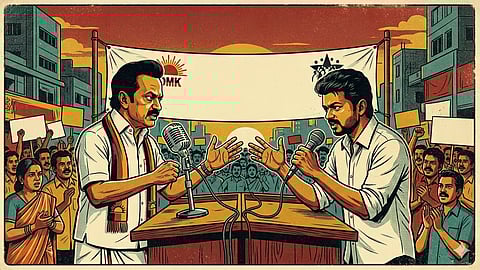 Illustration of M.K. Stalin and Joseph Vijay in a Debate