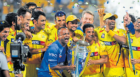 Chennai Super Kings celebrate after winning the Champions League T20 title in 2014, which was the last edition of the global franchise league, at the M&nbsp;Chinnaswamy Stadium in Bengaluru. 