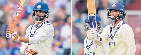 Ravindra Jadeja (left) and Washington Sundar acknowledge the crowd after completing their respective centuries on the final day of the fourth Test. 