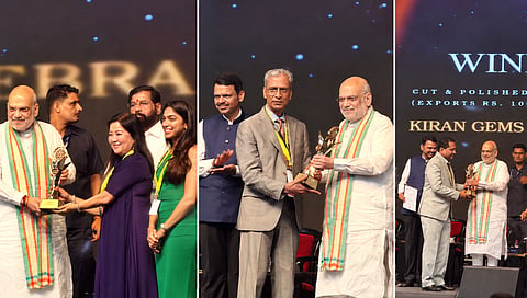 Amit Shah, Devendra Fadnavis, Eknath Shinde, Harsh Sanghavi and GJEPC Chairman Kirit Bhansali felicitating the awardees 