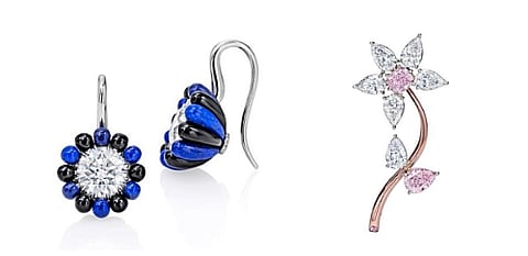 Midnight Earrings, Pink Diamond Flower Brooch 